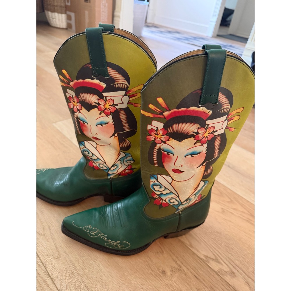 Ed Hardy Cowboy Boots Women Size 9 Green Excellent Geisha Foo Dog Leather